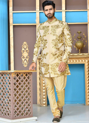 Golden & Copper Short Embroidered Sherwani For Men